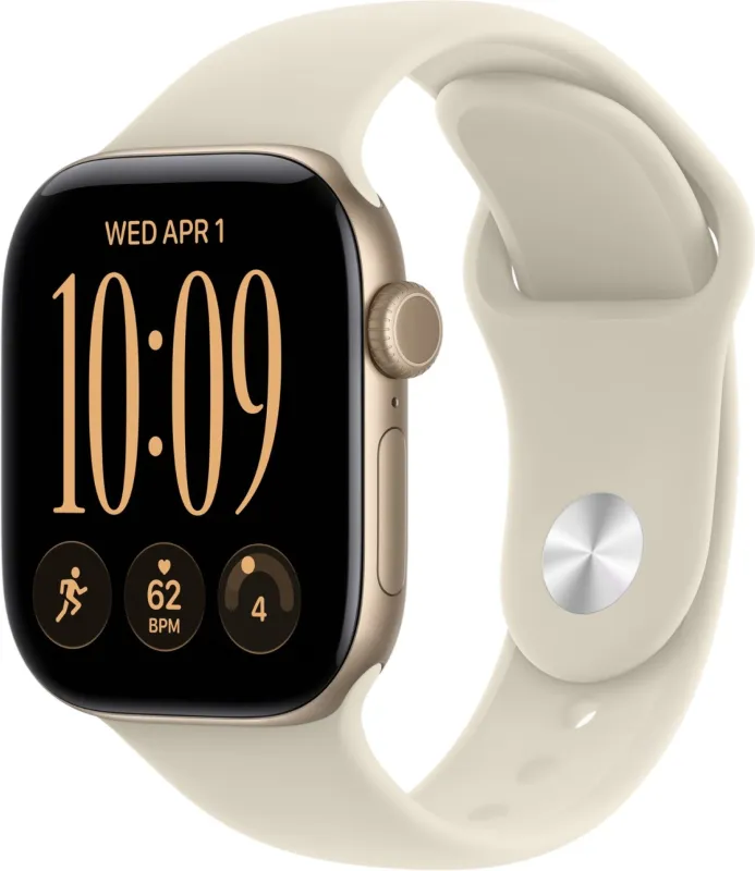 Apple Watch Series 12, 42 мм, корпус из алюминия цвета «светлое золото», спортивный ремешок песочного цвета