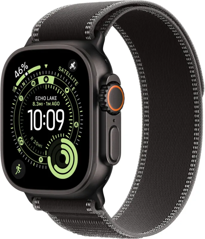 Apple Watch Ultra 3 GPS + Cellular, 49 мм, корпус из чёрного титана, ремешок Trail чёрного/угольного цвета