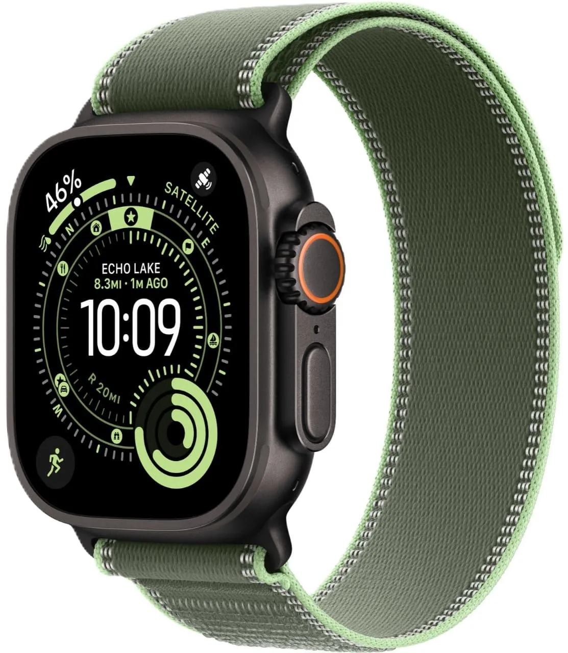Apple Watch Ultra 3 GPS + Cellular, 49 мм, корпус из чёрного титана, ремешок Trail зелёного/неонового цвета
