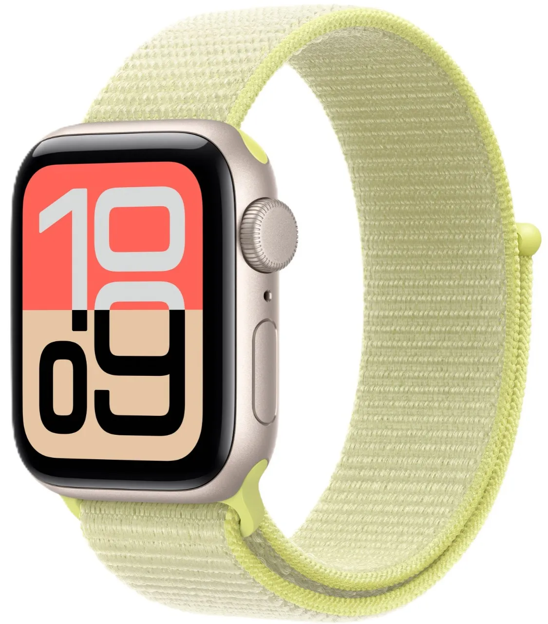 Apple Watch SE (2025), 40 мм, корпус из алюминия цвета «сияющая звезда», спортивный ремешок Loop неоновой-желтого цвета