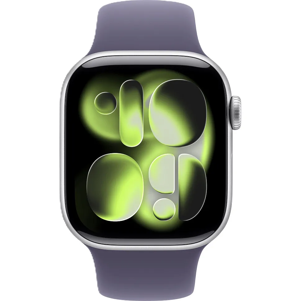 Apple Watch Series 11, 46 мм, корпус из алюминия серебристого цвета, спортивный ремешок цвета "фиолетовый туман"