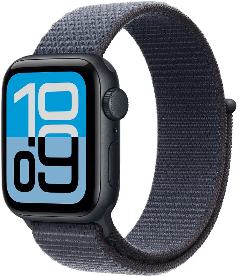 Apple Watch SE (2025), 44 мм, корпус из алюминия цвета «полуночный черный», спортивный ремешок Loop цвета «якорный синий»