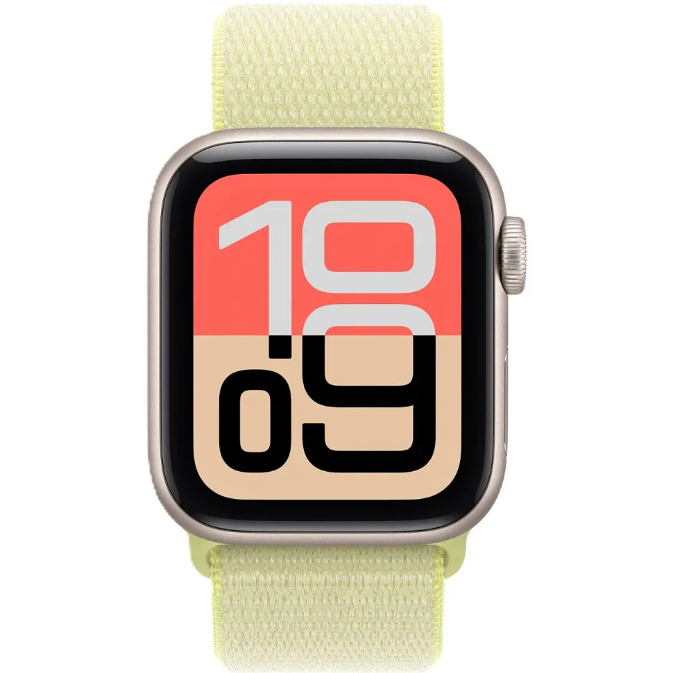 Apple Watch SE (2025), 44 мм, корпус из алюминия цвета «сияющая звезда», спортивный ремешок Loop неоновой-желтого цвета