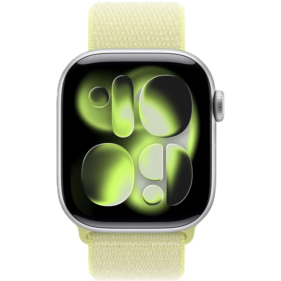 Apple Watch Series 11, 42 мм, корпус из алюминия серебристого цвета, спортивный ремешок Loop неоново-желтого цвета