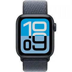 Apple Watch SE (2025), 44 мм, корпус из алюминия цвета «полуночный черный», спортивный ремешок Loop цвета «якорный синий»