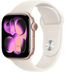 Apple Watch Series 11, 46 мм, корпус из алюминия цвета «розовое золото», спортивный ремешок цвета «сияющая звезда»