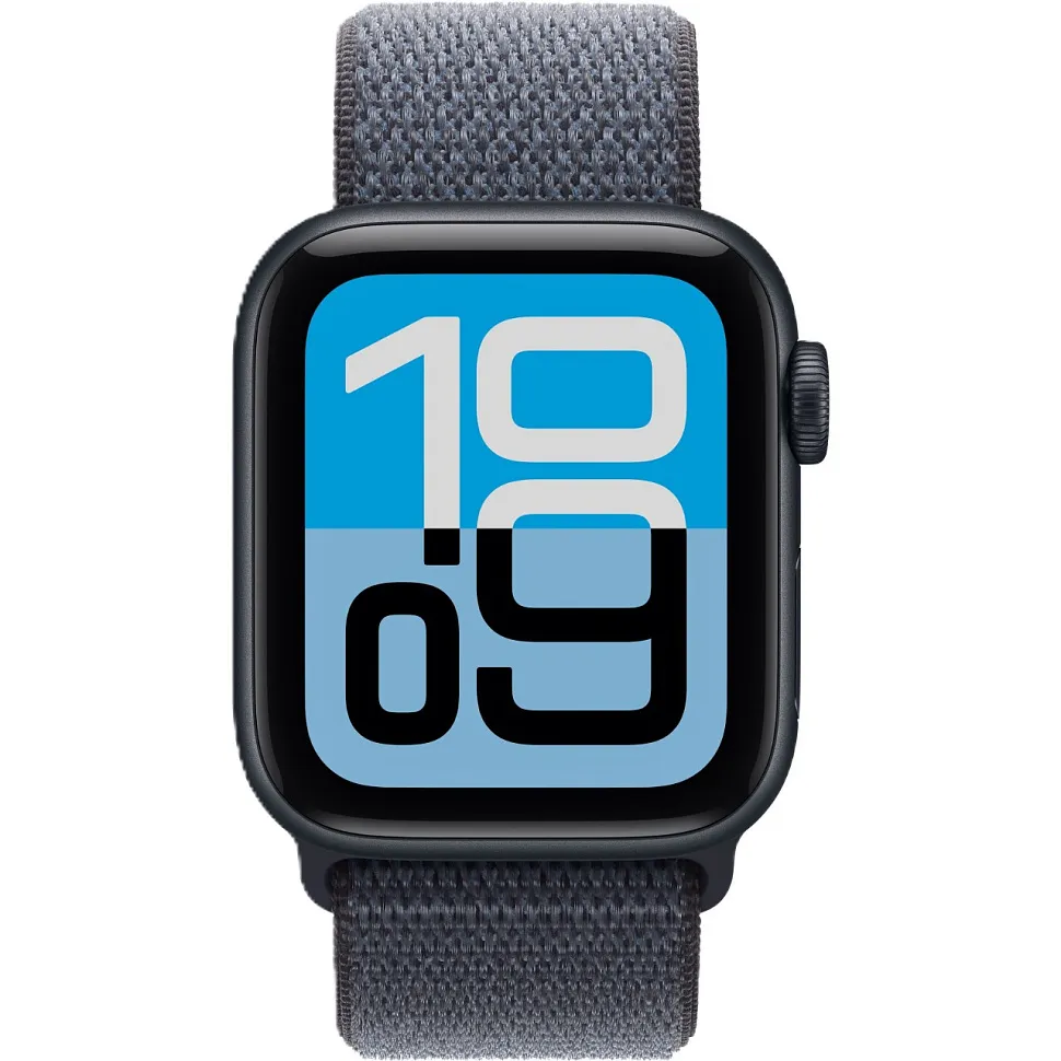 Apple Watch SE (2025), 40 мм, корпус из алюминия цвета «полуночный черный», спортивный ремешок Loop цвета «якорный синий»